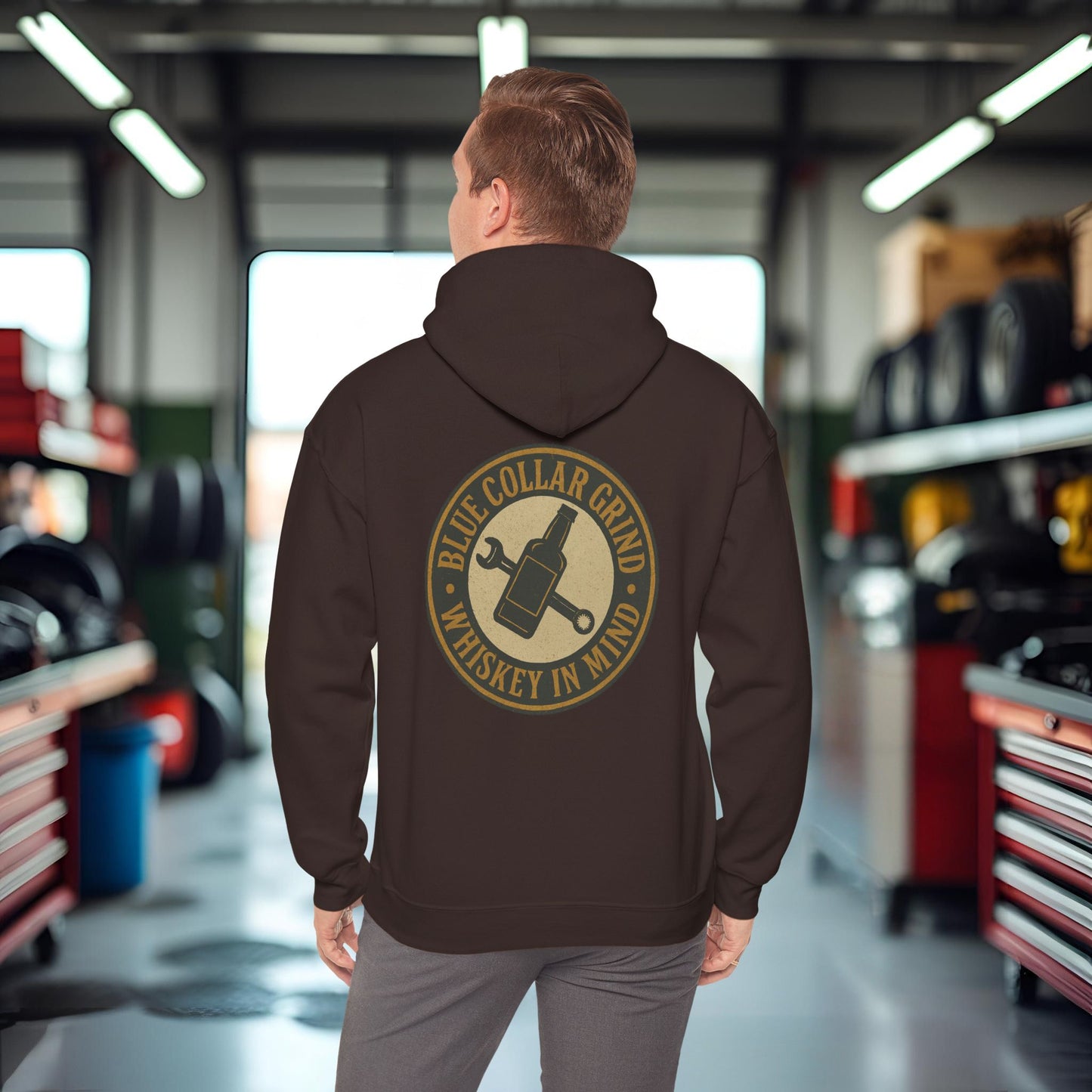 'Blue Collar Grind, Whiskey in Mind' Hoodie, Motivational Sweater