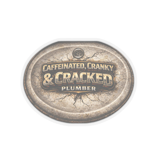 Metallic sticker with humorous text 'Caffeinated, Cranky & Cracked Plumber' on a white background