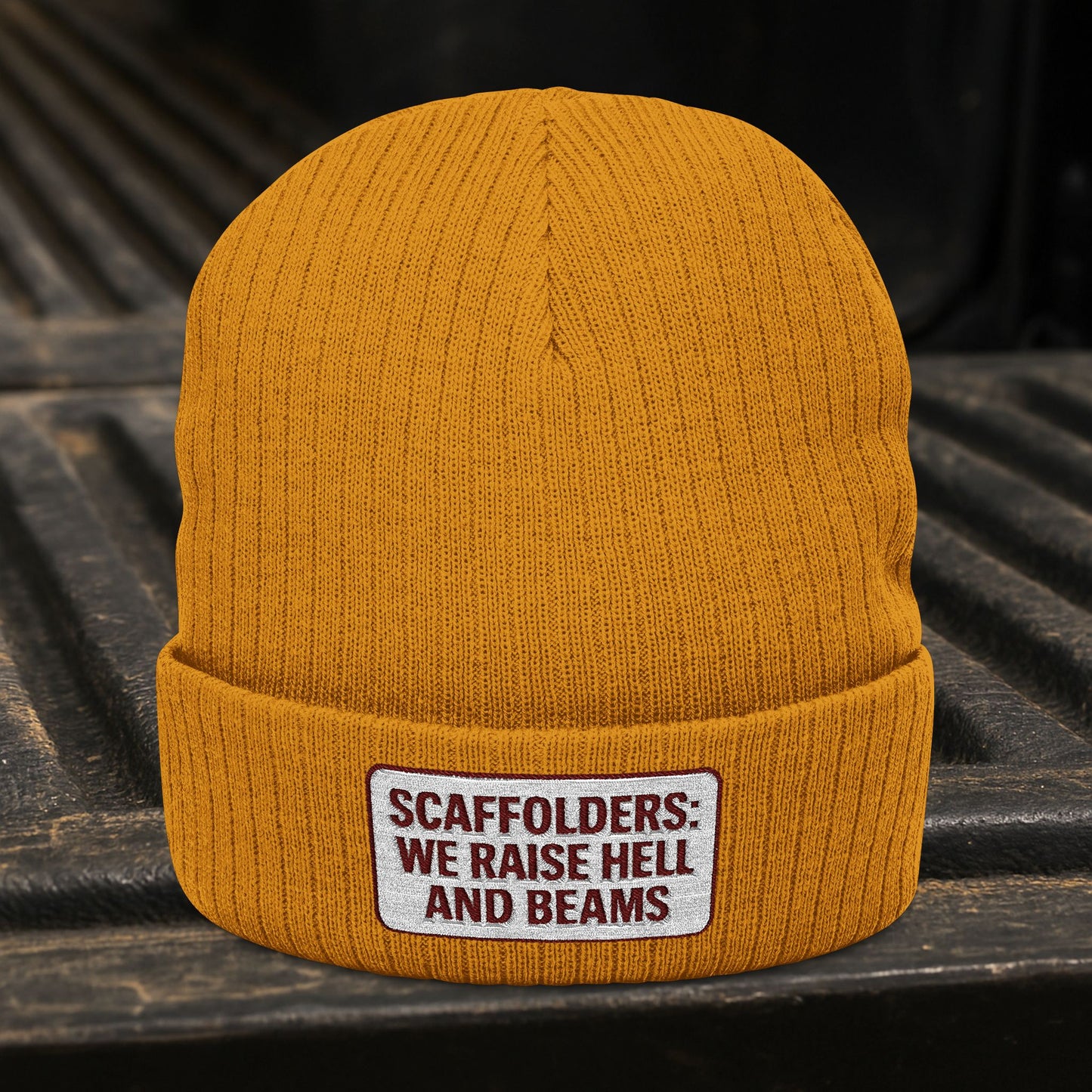 'Scaffolders Raise Hell and Beams' Ribbed Knit Embroidered Beanie, Scaffolder Cuffed Knit Toque