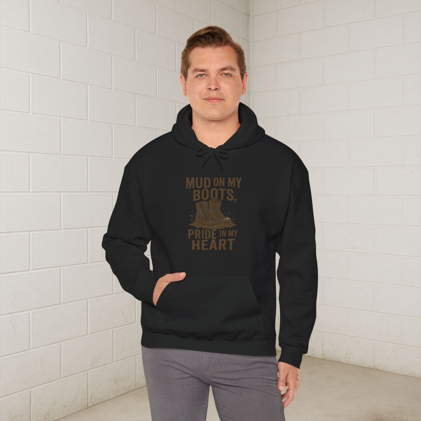 'Mud on My Boots, Pride in My Heart' Men's Hoodie, Motivational Sweater