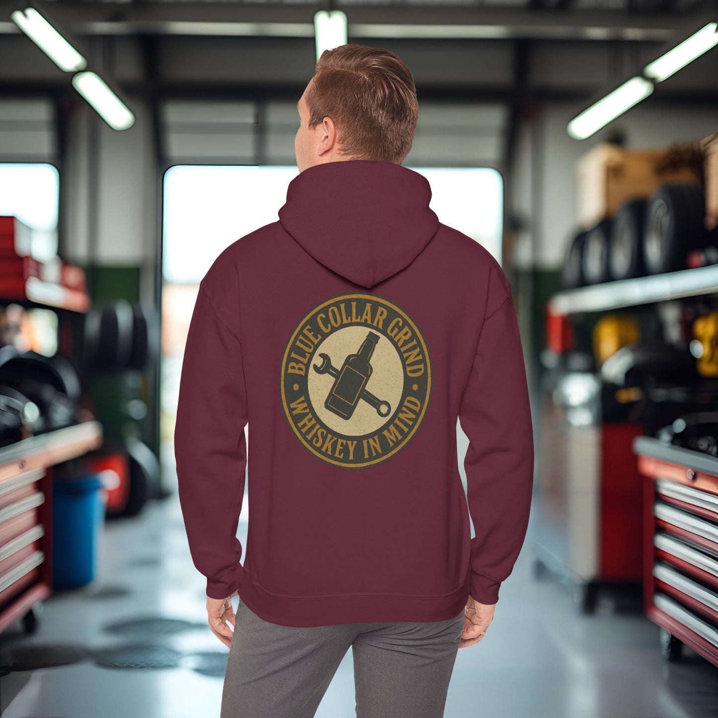 'Blue Collar Grind, Whiskey in Mind' Hoodie, Motivational Sweater