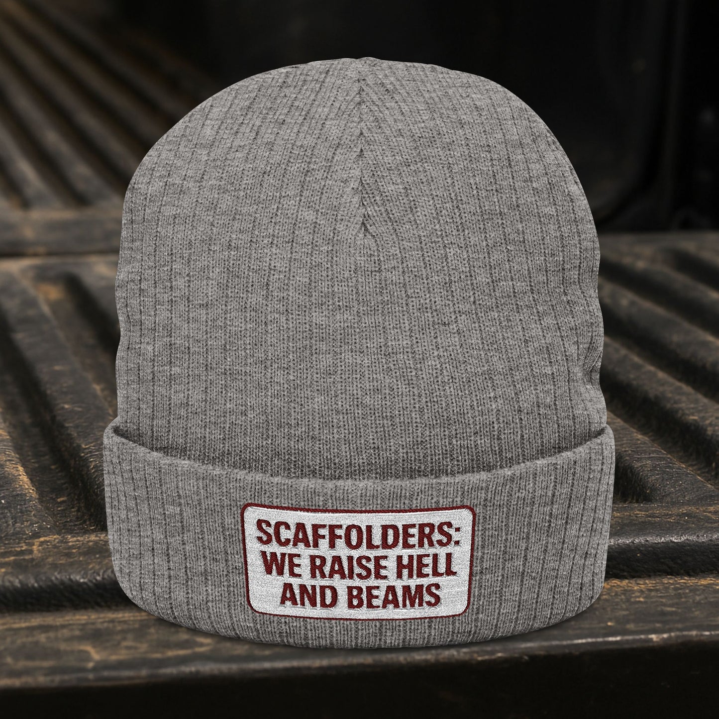 'Scaffolders Raise Hell and Beams' Ribbed Knit Embroidered Beanie, Scaffolder Cuffed Knit Toque