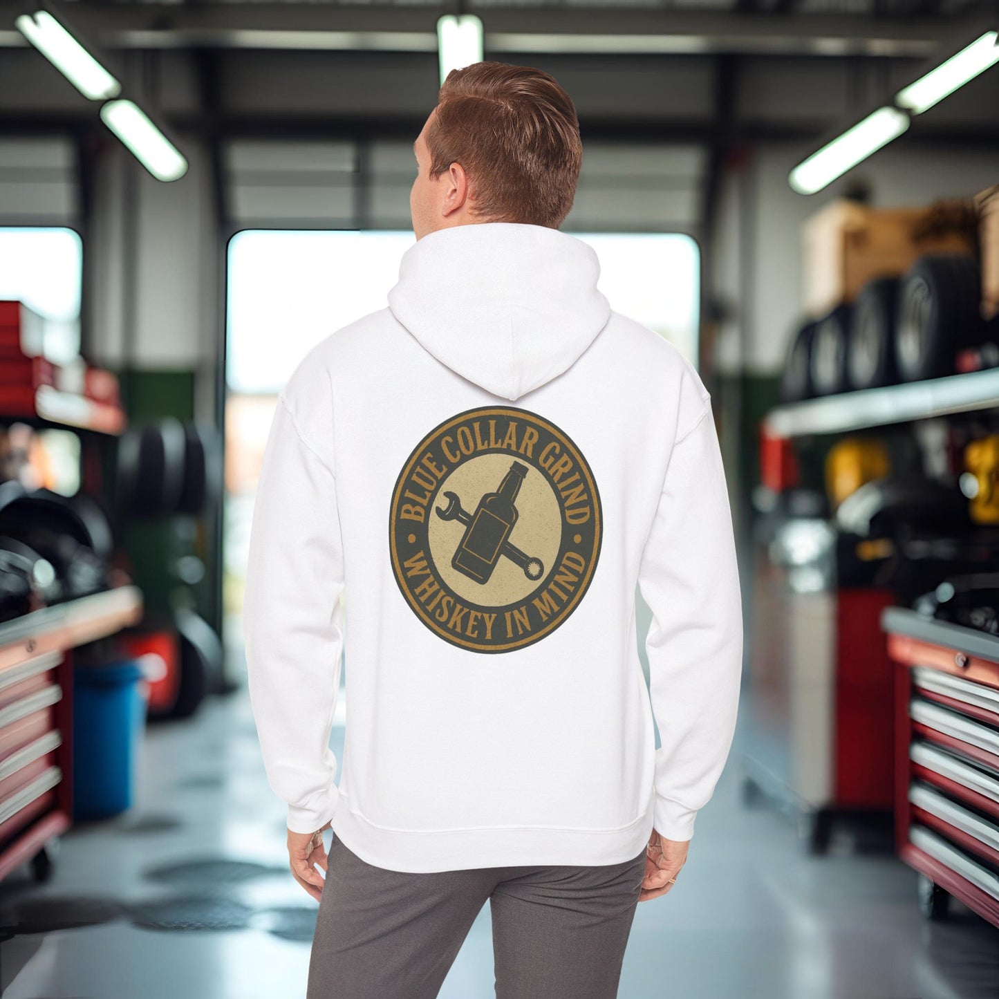 'Blue Collar Grind, Whiskey in Mind' Hoodie, Motivational Sweater