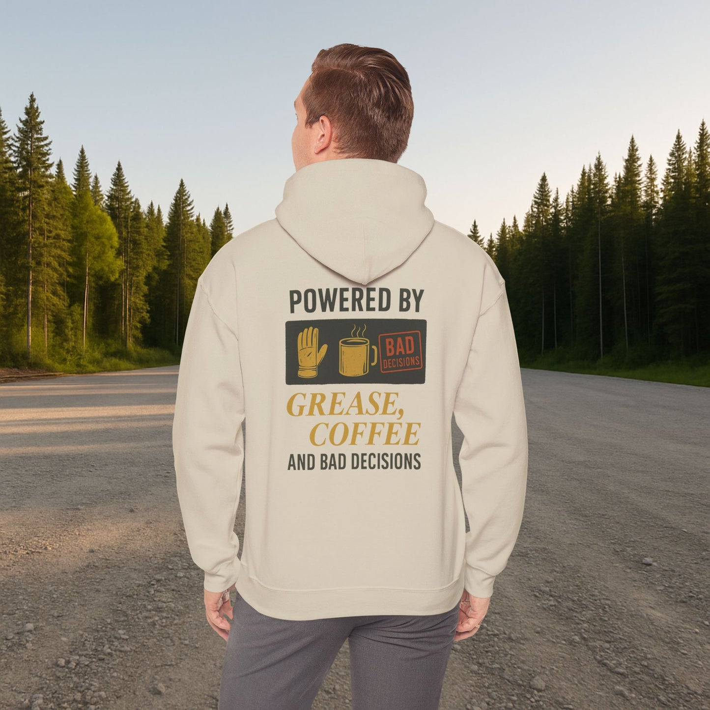 'Powered by Grease, Coffee, and Bad Decisions' Hoodie, Funny Motivational Sweater