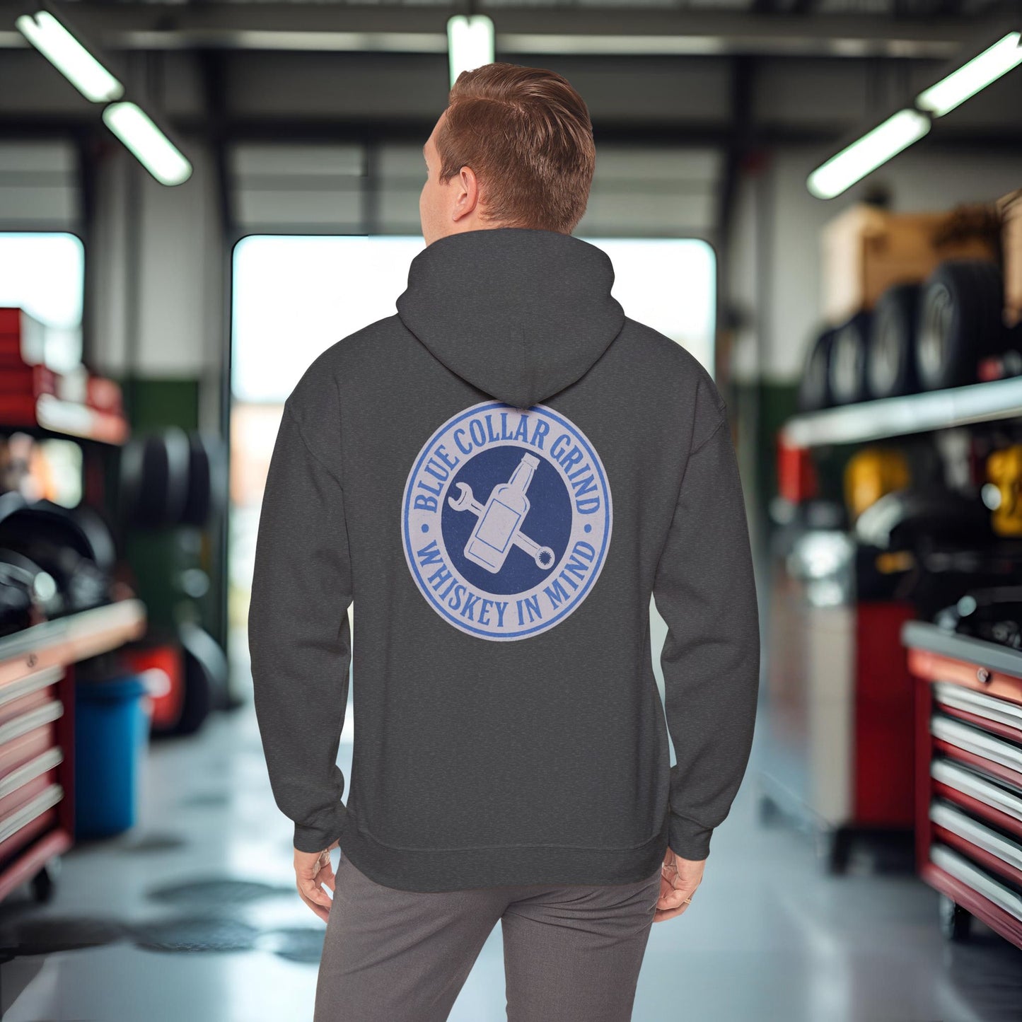 'Blue Collar Grind, Whiskey in Mind' Hoodie, Motivational Sweater