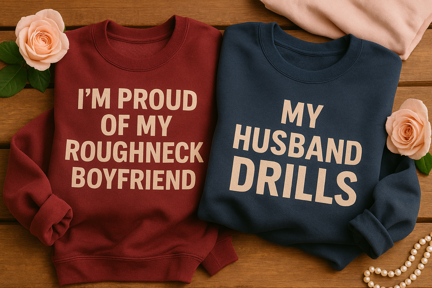 A red and blue sweater laying on a wood bench with flowers around it and the sayings “i’m proud of my roughneck boyfriend” and “my husband drills” written on them