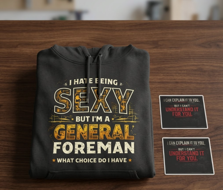 A folded charcoal hoodie with the text "I HATE BEING SEXY BUT I'M A GENERAL FOREMAN" sits on a dark wood table next to two square stickers that read "I CAN EXPLAIN IT TO YOU, BUT I CAN'T UNDERSTAND IT FOR YOU."