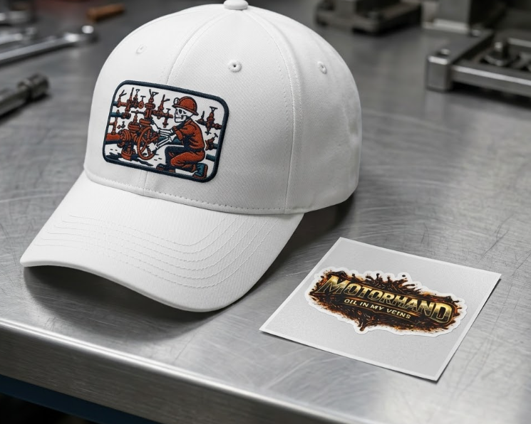 A white baseball cap featuring a patch of a skeleton worker at a valve station sits on a brushed metal workbench next to a "Motorhand" sticker with an oil-splash design.
