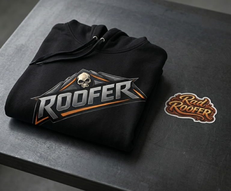 A folded black hoodie featuring a metallic skull logo sits on a dark steel table next to a small, stylized "Rad Roofer" sticker.