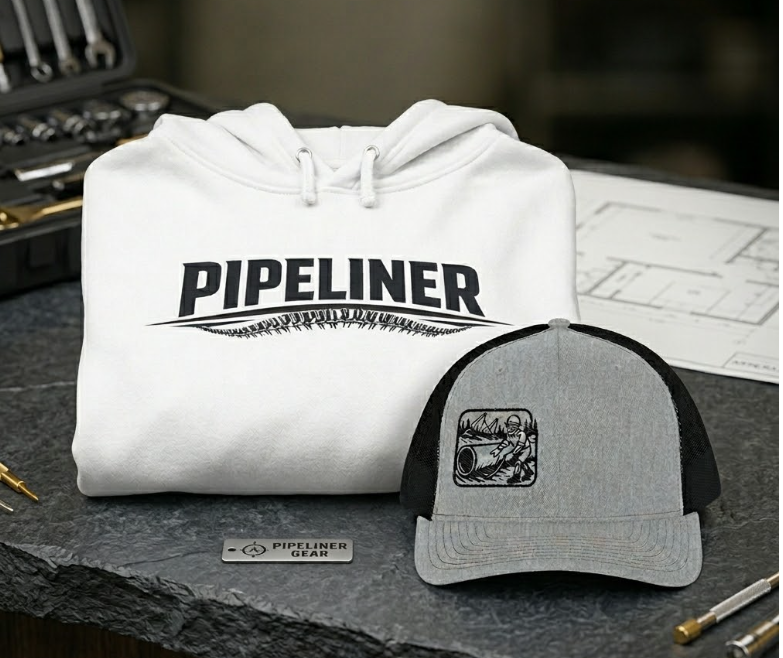 A white folded hoodie with a black "PIPELINER" graphic and a grey and black trucker hat featuring a worker illustration are displayed on a dark, textured industrial countertop.