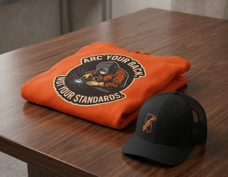 An orange hoodie featuring a circular "ARC YOUR BACK" welding graphic is neatly folded on a dark wood table next to a black mesh-back trucker hat with an orange skeletal hand design.