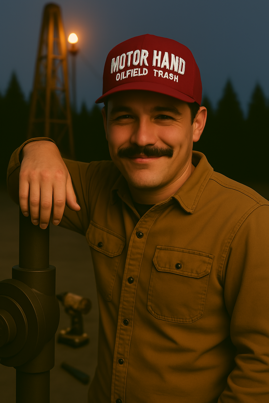 A person wearing a red cap that reads “MOTOR HAND OILFIELD TRASH” leans on oilfield equipment. They’re dressed in a brown button-up shirt with a tall rig structure lit in the background.