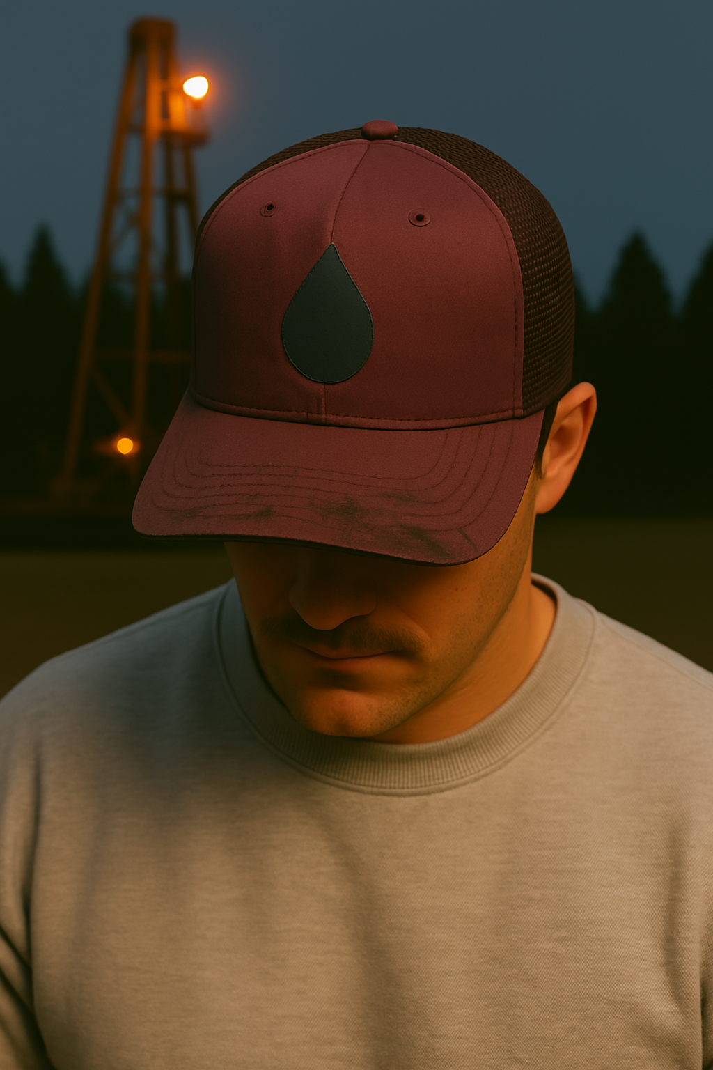 A person in a maroon cap and light gray sweatshirt stands in front of a glowing oil rig at night. The cap features a black drop logo on the front.
