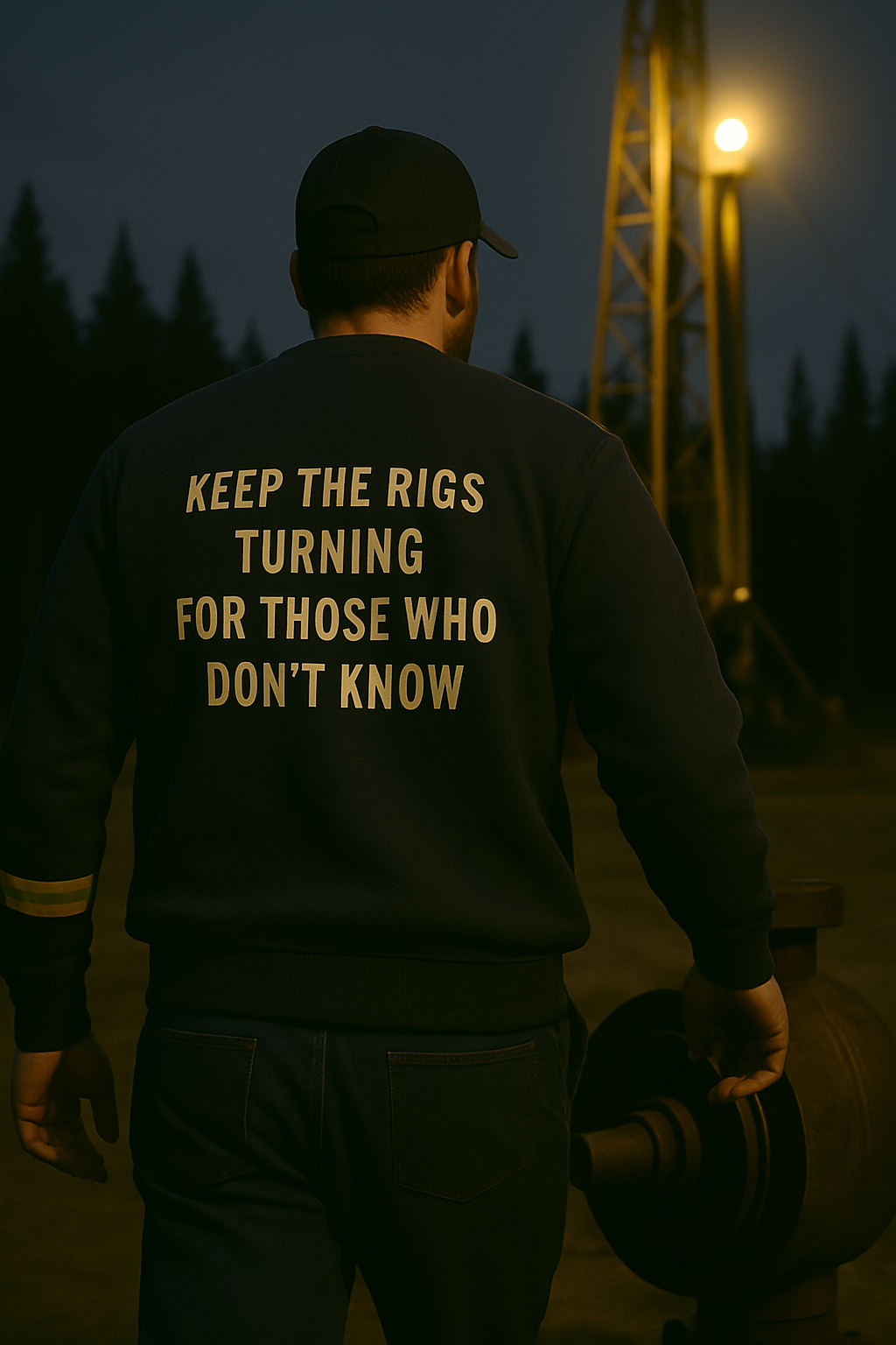 A person stands with their back to the camera at night wearing a dark sweatshirt that reads “KEEP THE RIGS TURNING FOR THOSE WHO DON'T KNOW,” with an oil rig lit in the distance