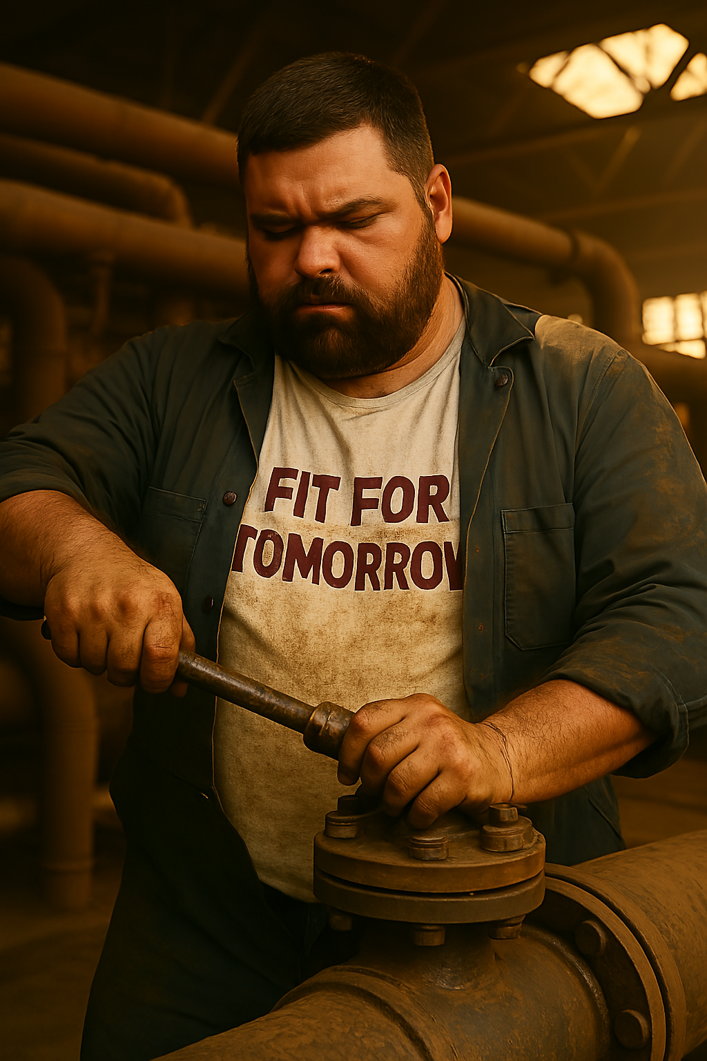 A person in a black sweatshirt stands on a rig floor using a tool on heavy piping.