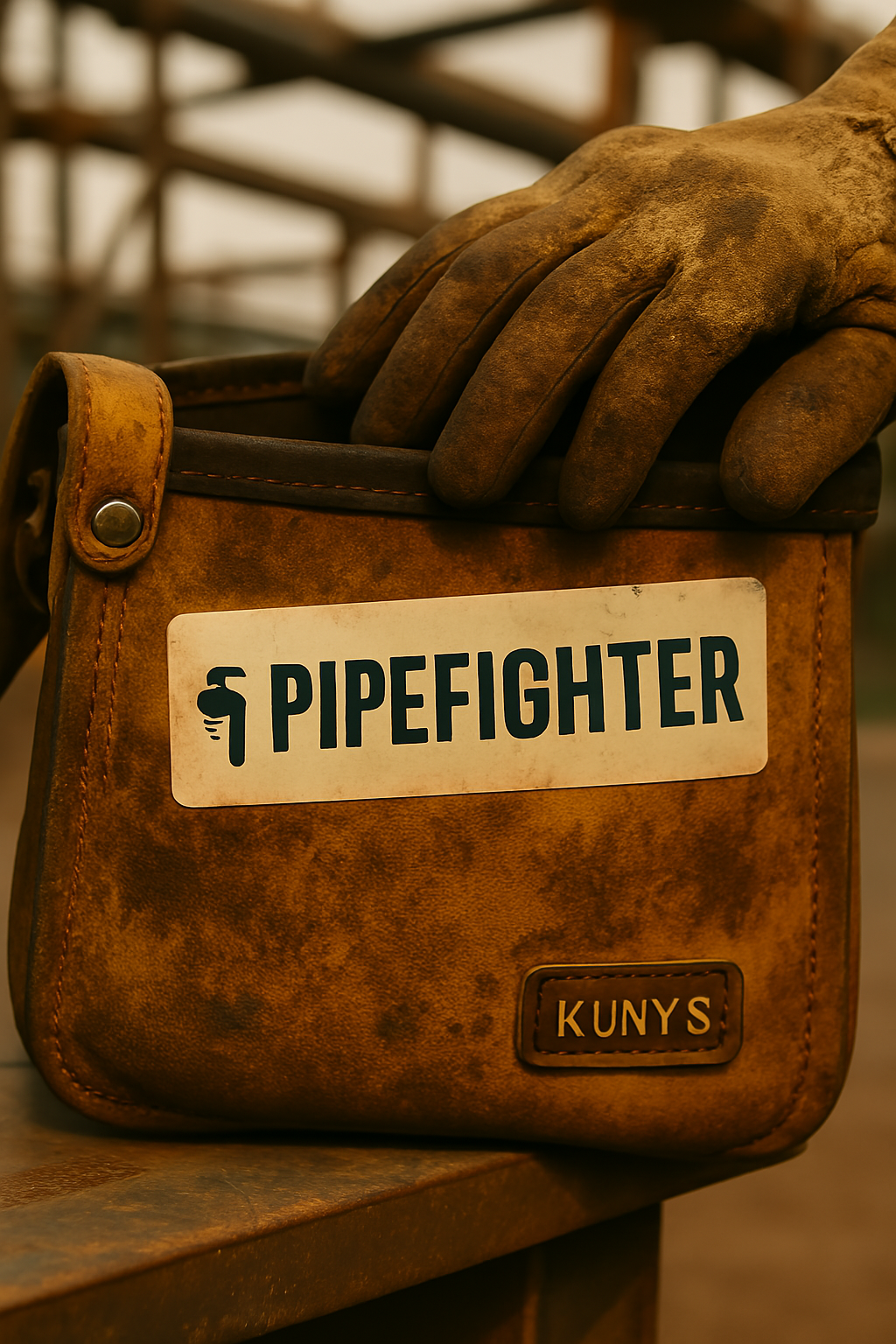 A close-up of a brown leather tool pouch labeled “PIPEFIGHTER” with a pipe wrench icon. A gloved hand rests on the pouch, set against an industrial metal backdrop.