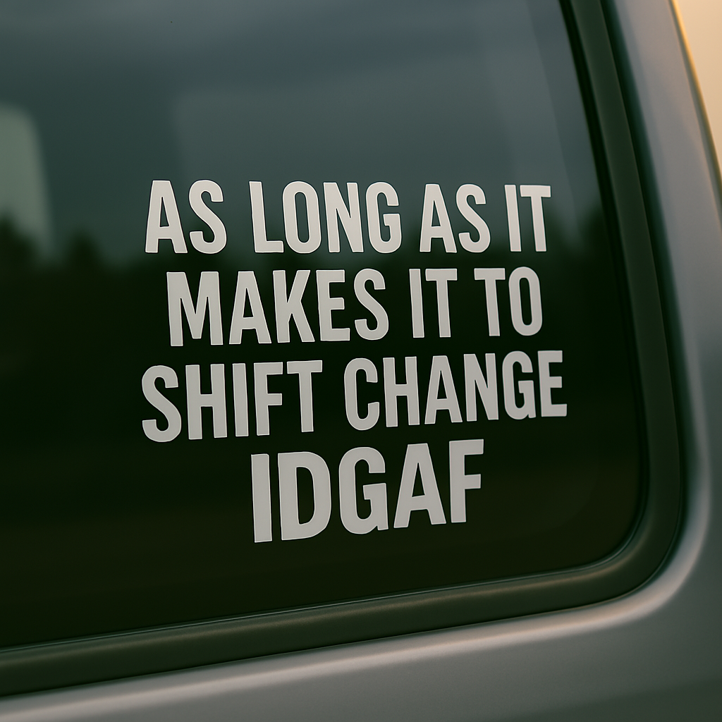 A vehicle’s rear window decal reads “AS LONG AS IT MAKES IT TO SHIFT CHANGE IDGAF,” capturing a rugged, no-nonsense attitude common in industrial or shift-based work cultures.