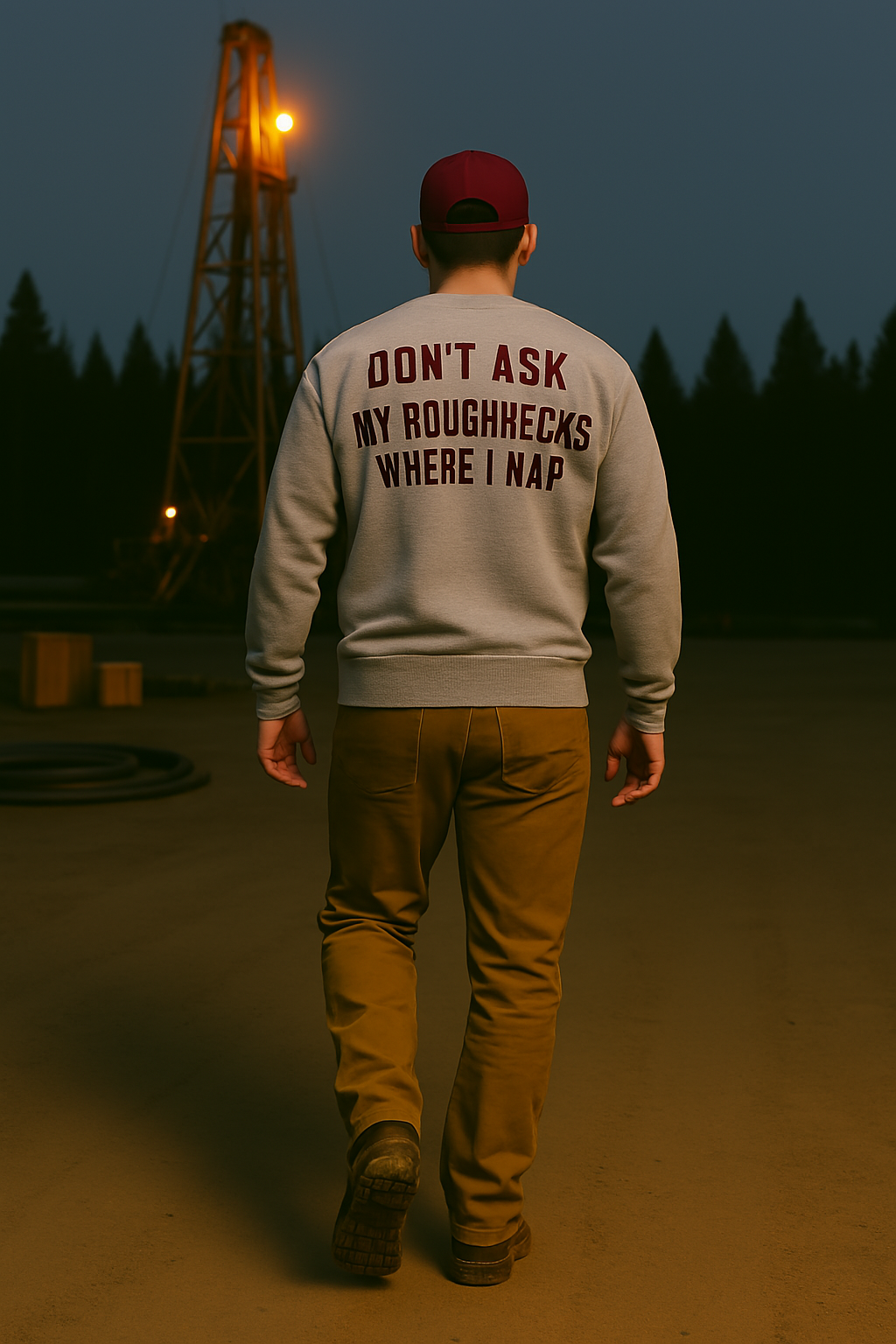 A person wearing a gray sweatshirt and maroon cap walks toward a lit oil rig at night. The sweatshirt reads “DON’T ASK MY ROUGHNECKS WHERE I NAP” in large maroon letters.