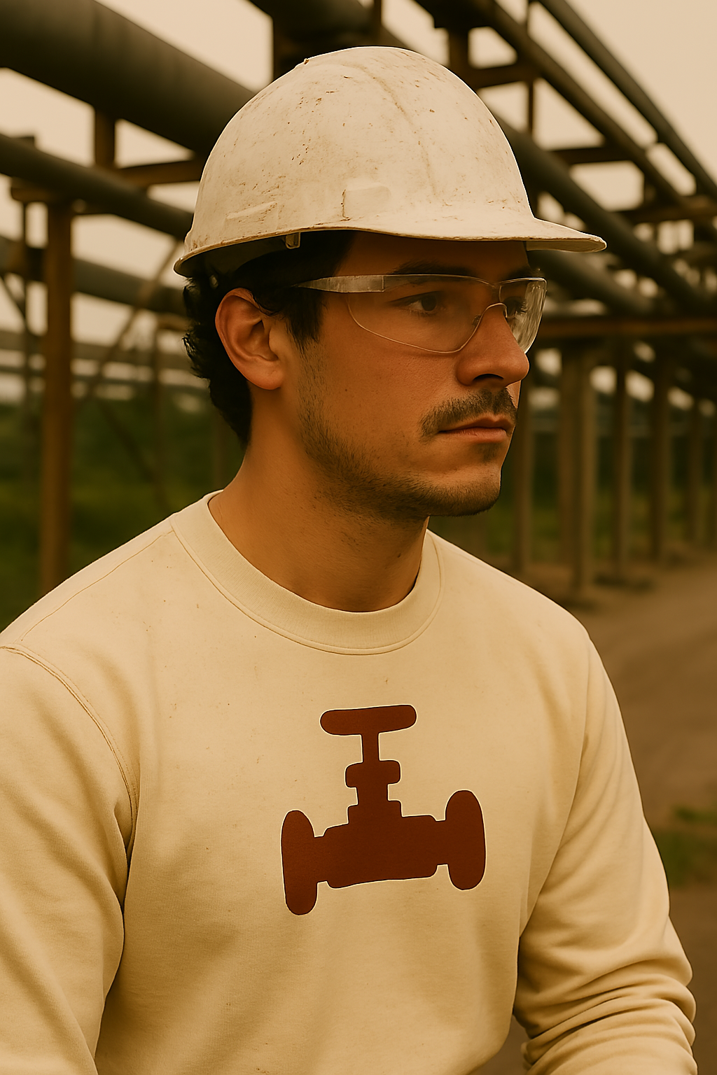 A person wears a white hard hat and beige sweatshirt with a red valve graphic on the chest, standing in front of industrial piping and metal structures.