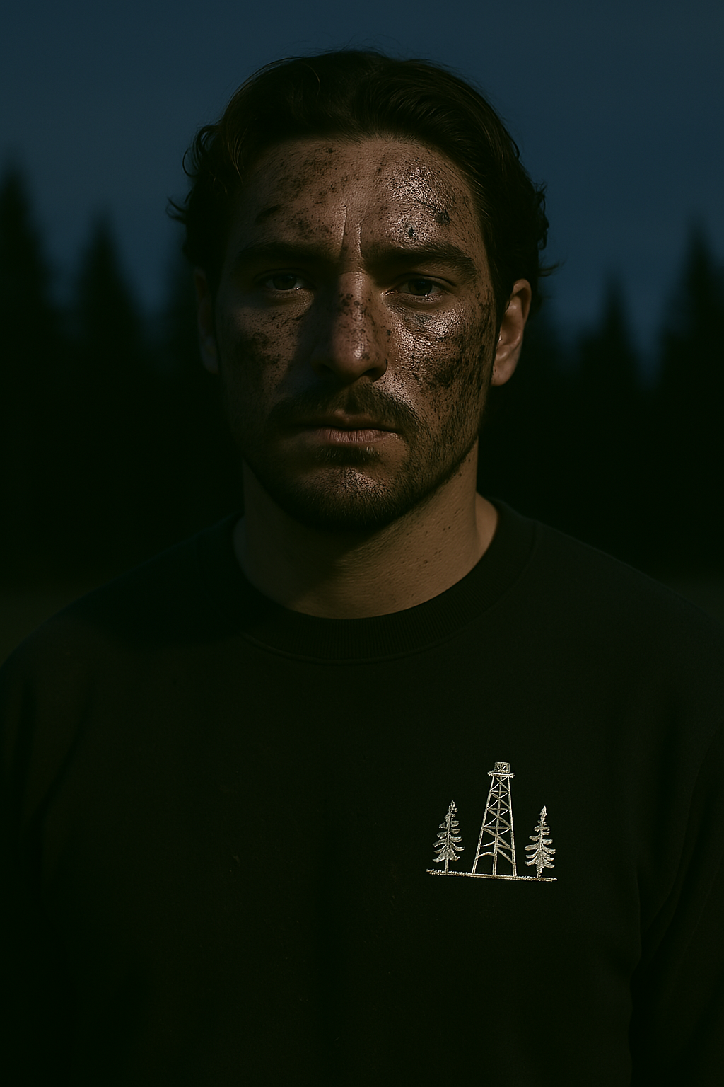 A person stands in front of trees wearing a black shirt with a small white logo on the chest showing an oil derrick flanked by two pine trees