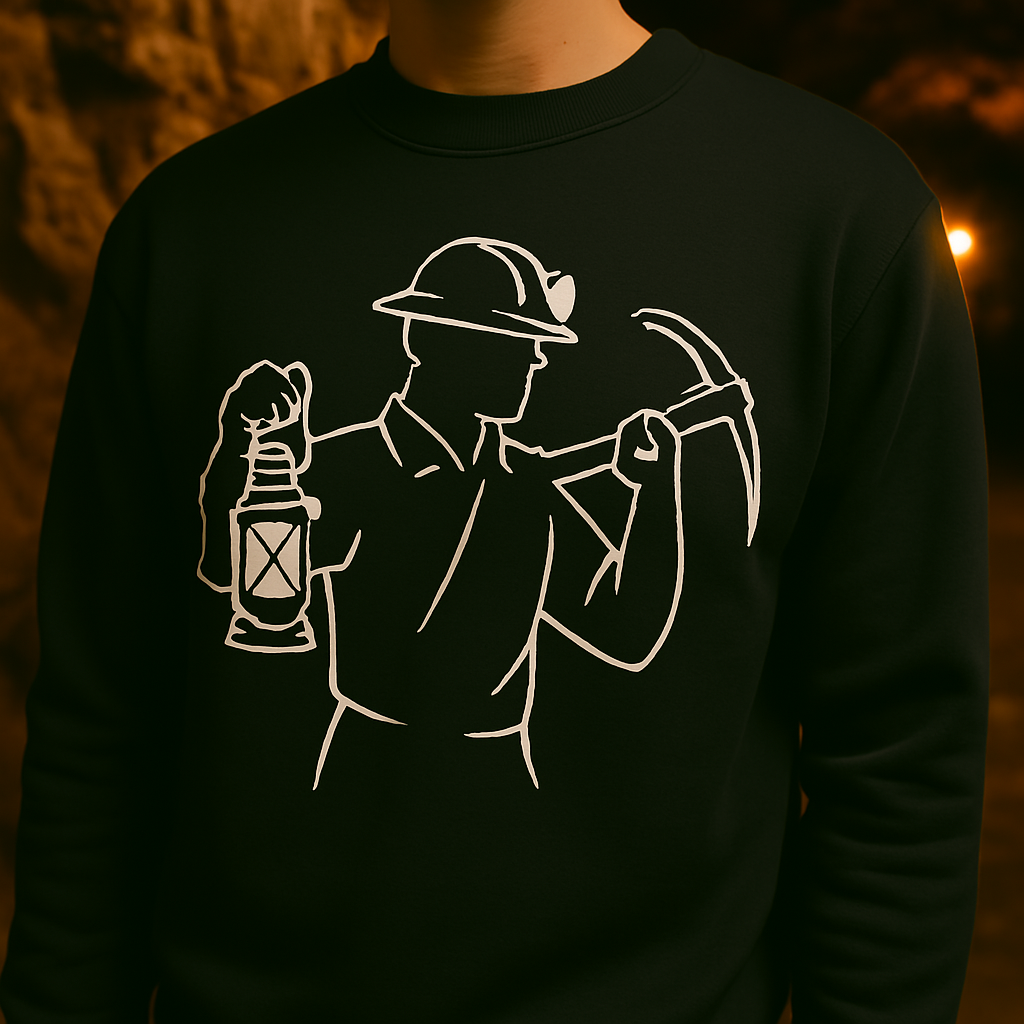 A black sweatshirt featuring a white graphic illustration of a miner. The design shows the miner wearing a hard hat with a headlamp, holding a lantern and a pickaxe, standing in a cave-like background.