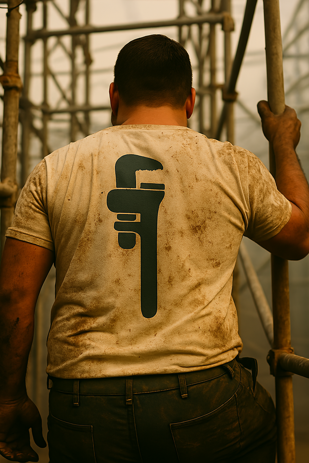The back of a person wearing a dirty off-white T-shirt with a large black pipe wrench graphic. They are gripping a scaffold-like structure, suggesting industrial work.