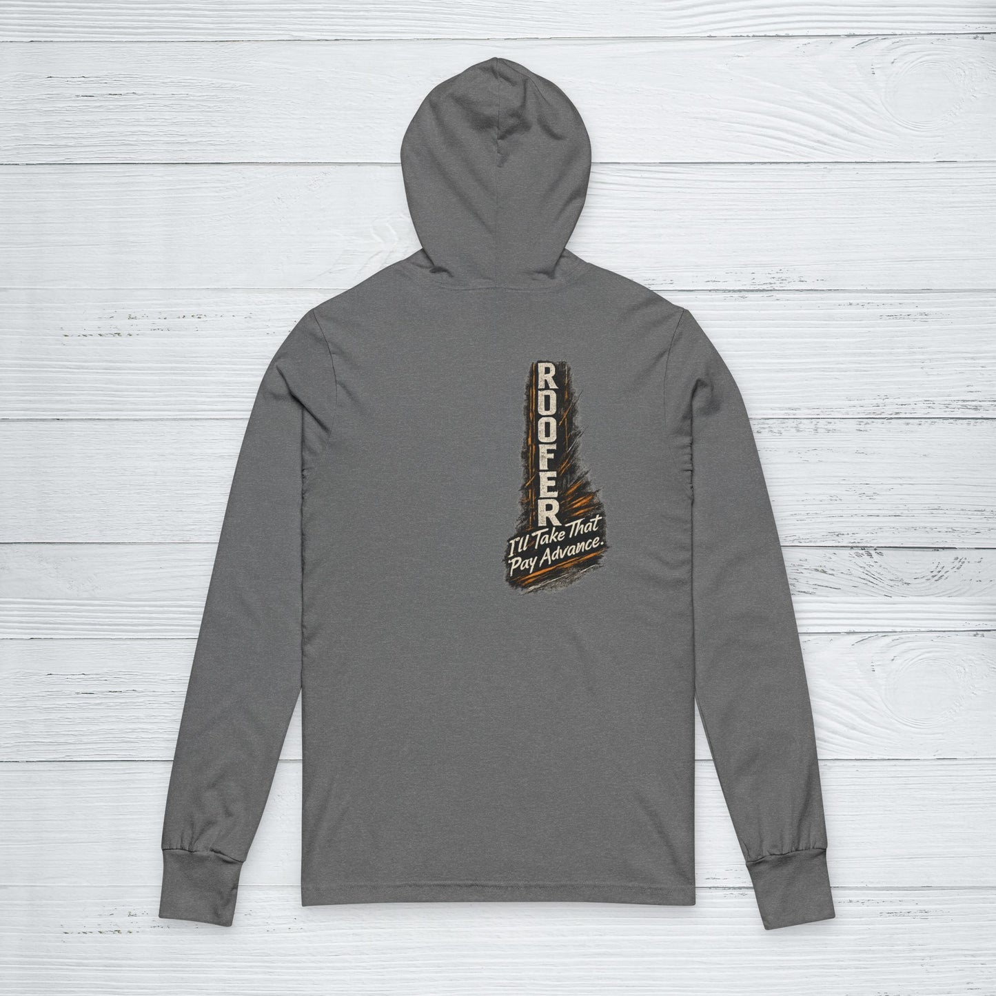 Gray hoodie with a vertical text design on a light wooden background
