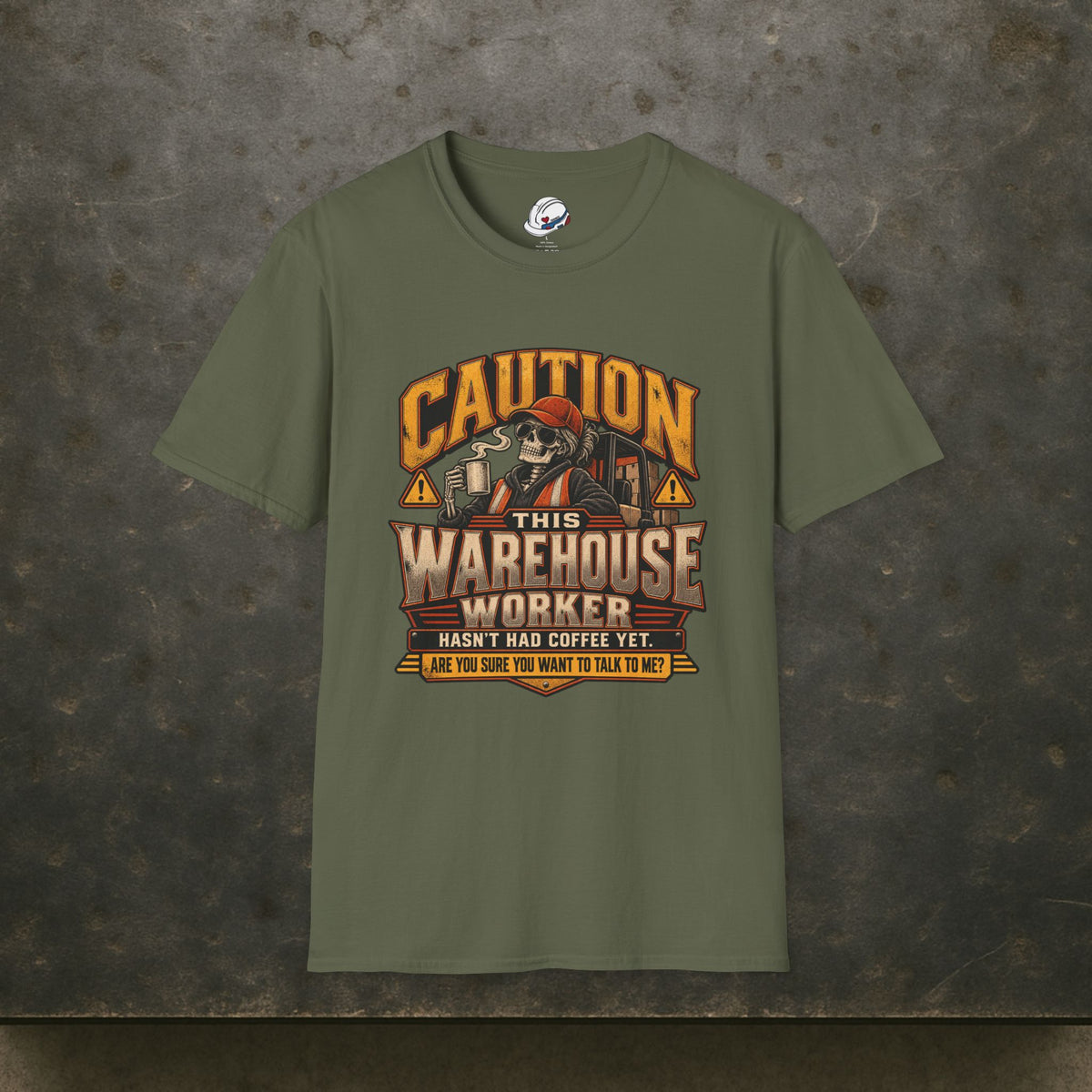 CAUTION This Warehouse Worker Hasn’t Had Coffee Yet Skeleton Coffee Warning T-Shirt