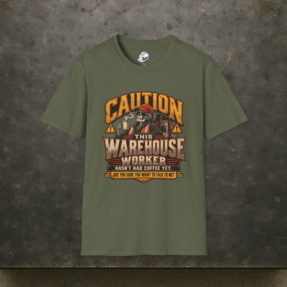 CAUTION This Warehouse Worker Hasn’t Had Coffee Yet Skeleton Coffee Warning T-Shirt