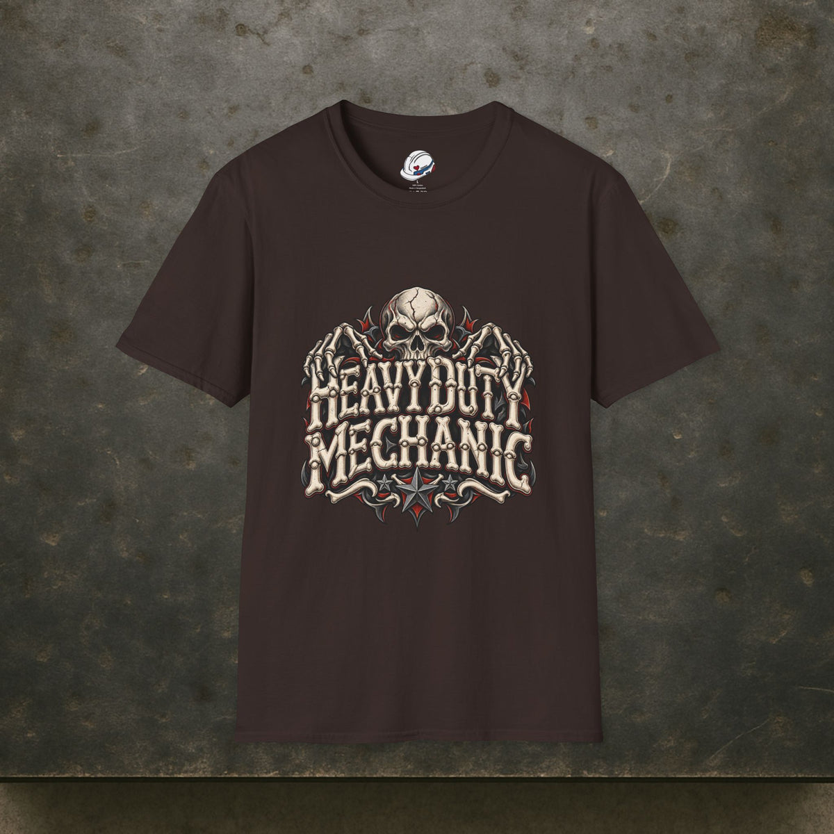 Heavy Duty Mechanic Bone Lettering Skull & Skeletal Hands T-Shirt