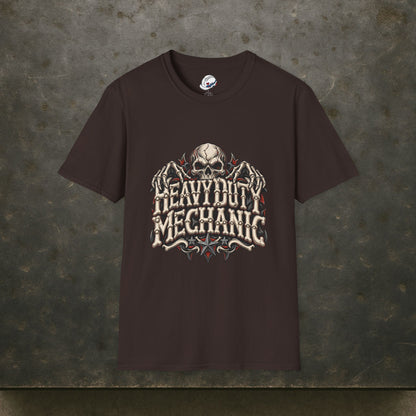 Heavy Duty Mechanic Bone Lettering Skull & Skeletal Hands T-Shirt