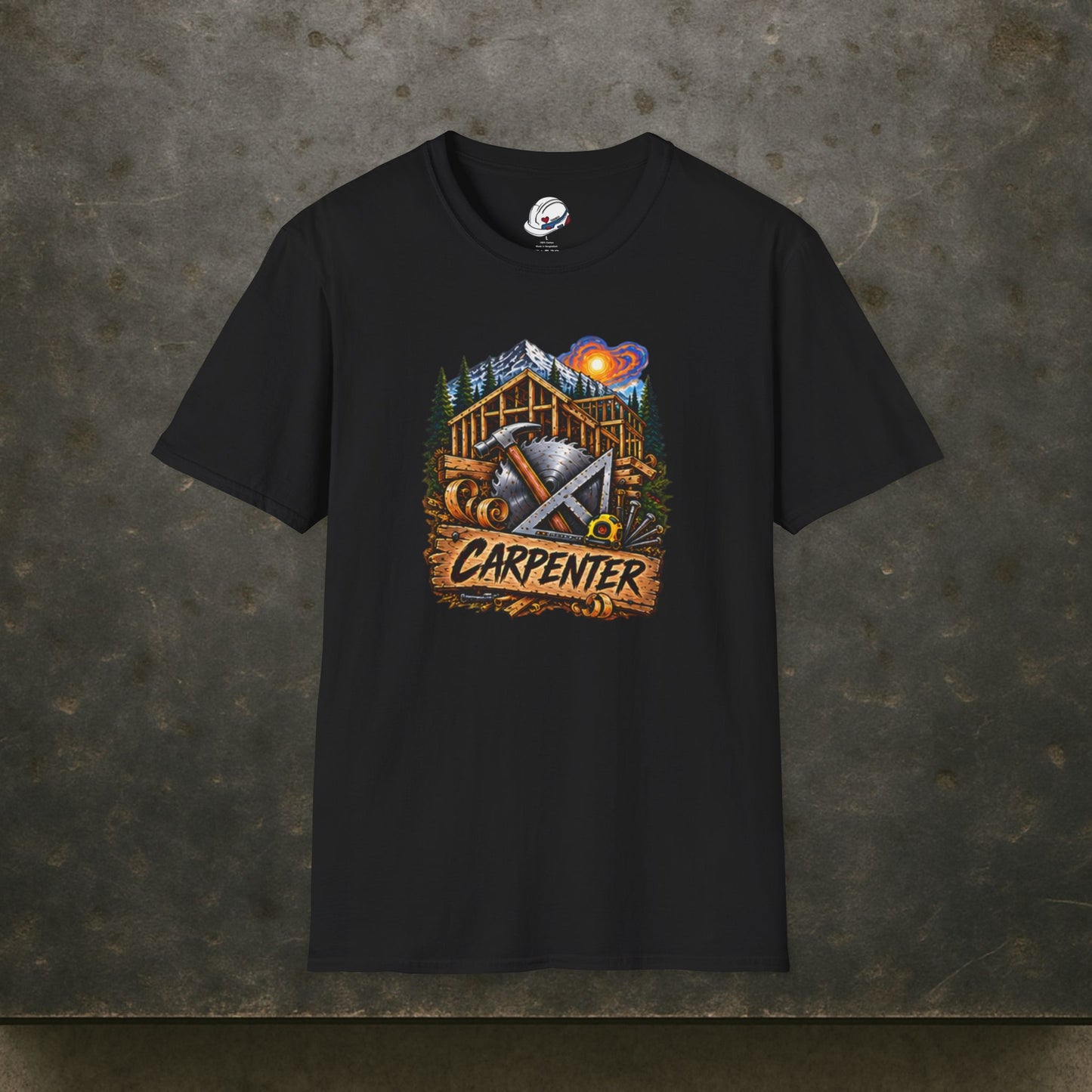 Carpenter Timber Frame Mountain T-Shirt, Carpentry Tools Graphic Tee Shirt