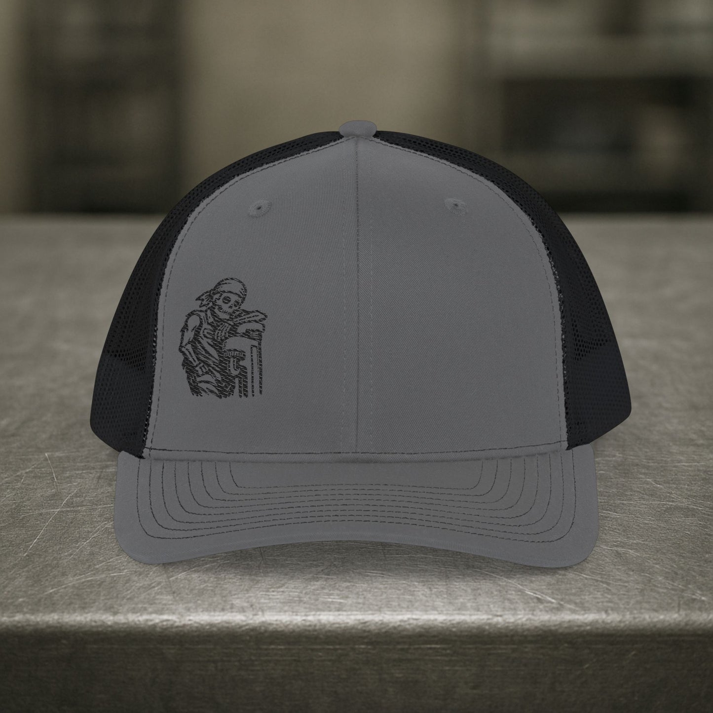 Skeleton Resting On Pipe Wrench Hat, Pipefitter Hat