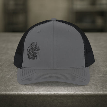 Skeleton Resting On Pipe Wrench Hat, Pipefitter Hat