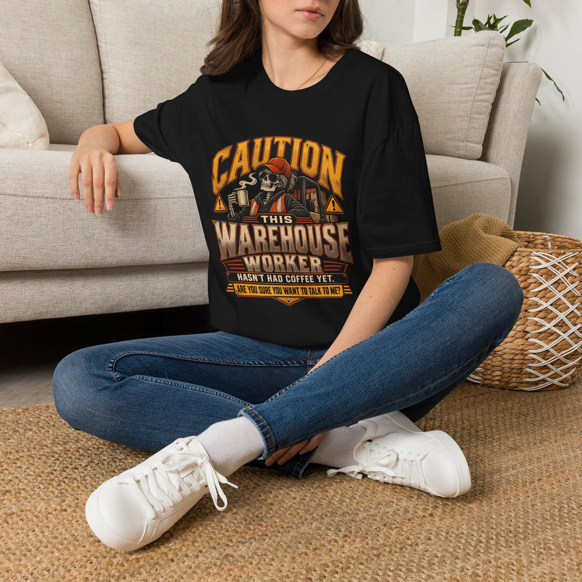 CAUTION This Warehouse Worker Hasn’t Had Coffee Yet Skeleton Coffee Warning T-Shirt