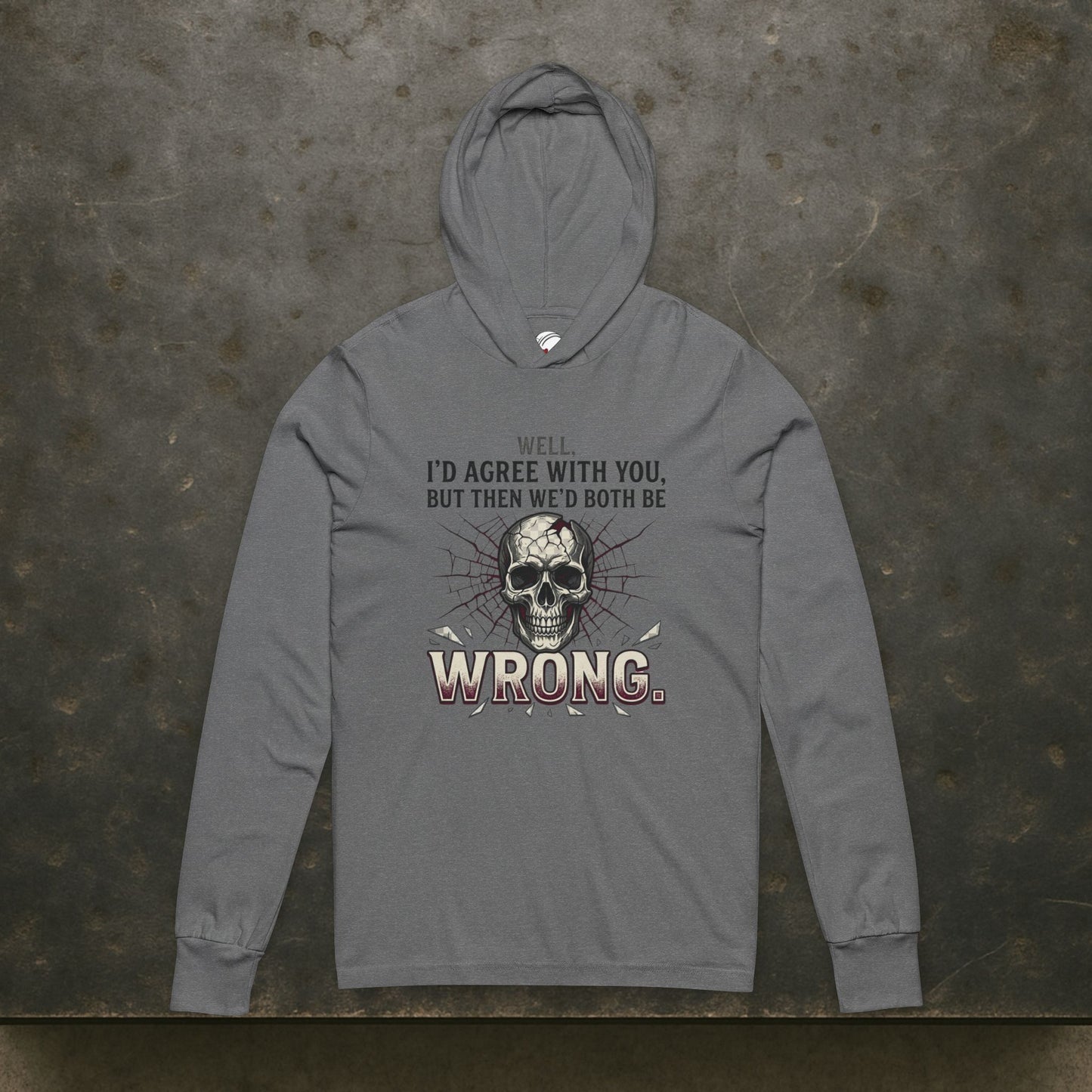 Gray hoodie with skull design and text on a textured gray background