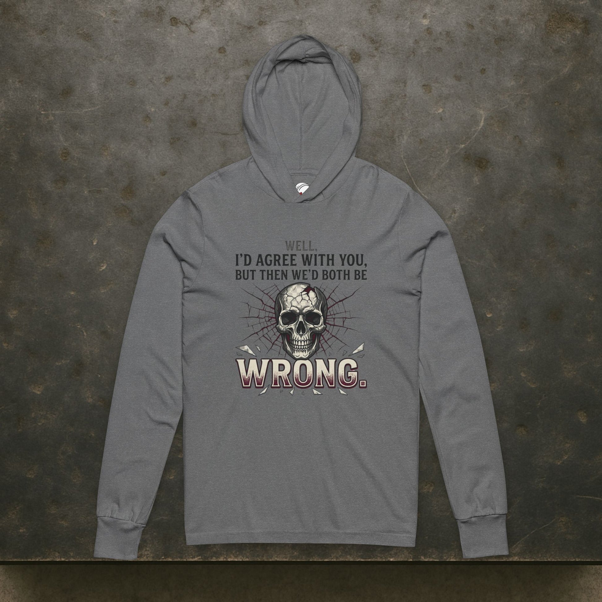 Gray hoodie with skull design and text on a textured gray background