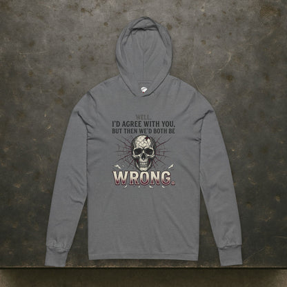 Gray hoodie with skull design and text on a textured gray background