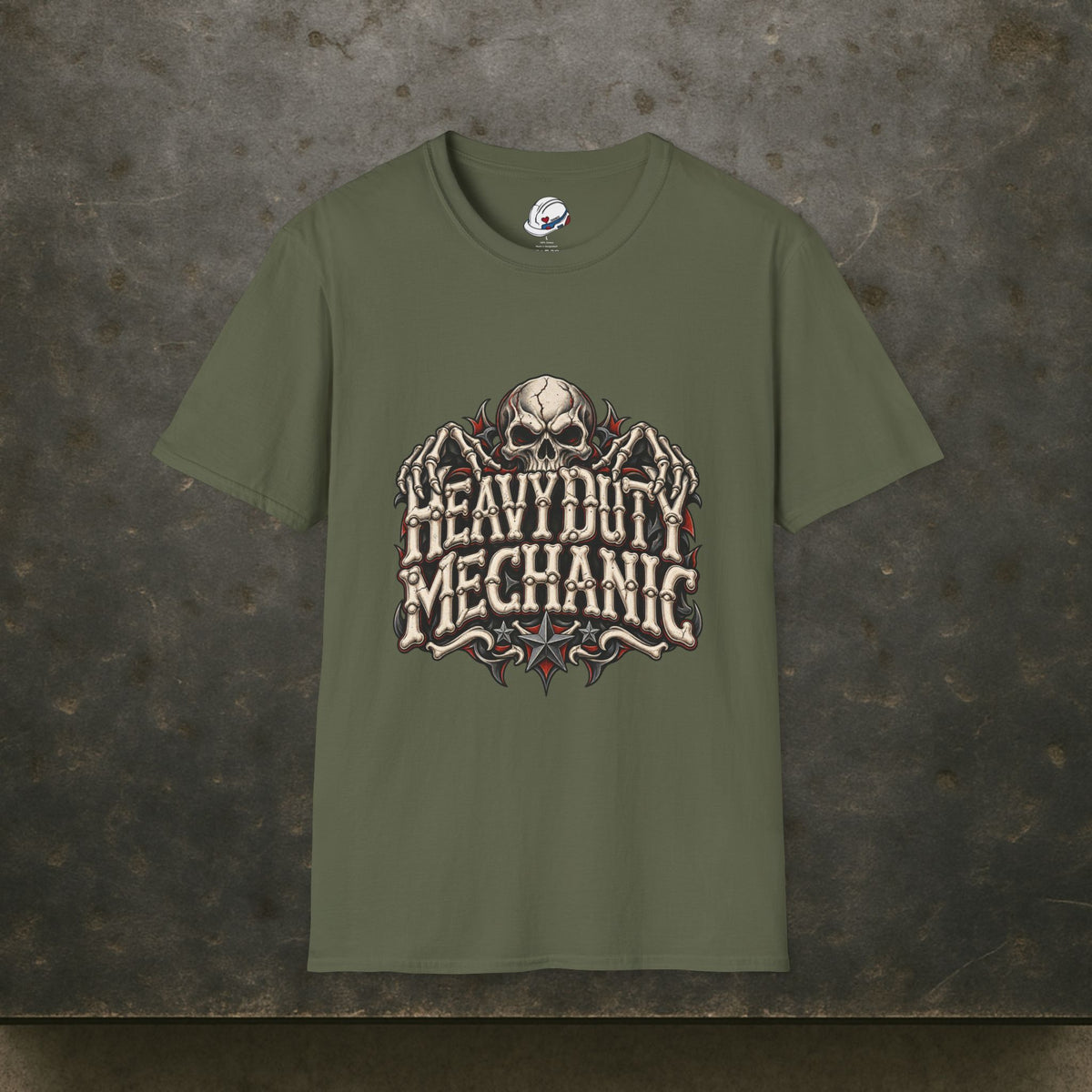 Heavy Duty Mechanic Bone Lettering Skull & Skeletal Hands T-Shirt
