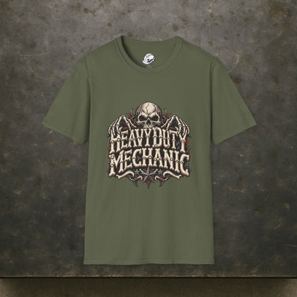 Heavy Duty Mechanic Bone Lettering Skull & Skeletal Hands T-Shirt
