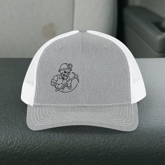 Embroidered Miner Pick Axe Hat, Mining Skeleton Trade Cap