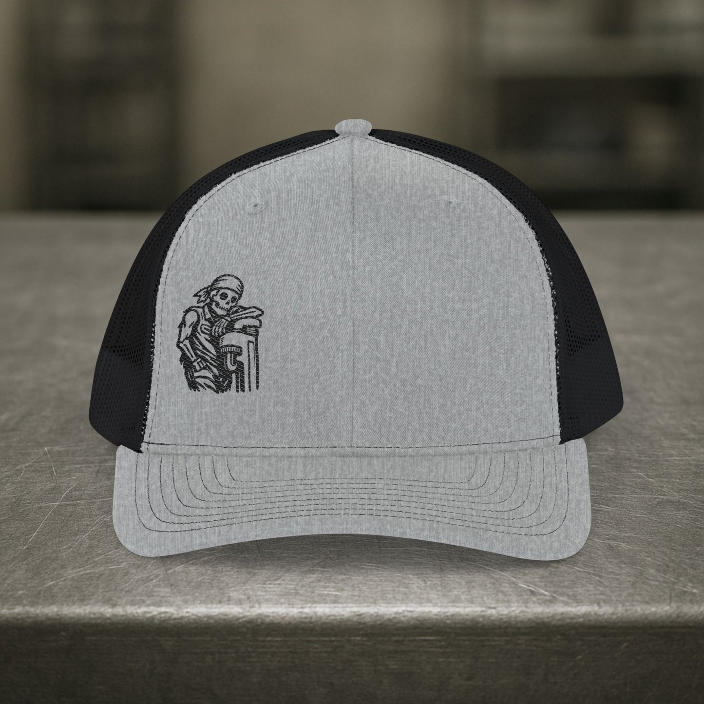 Skeleton Resting On Pipe Wrench Hat, Pipefitter Hat