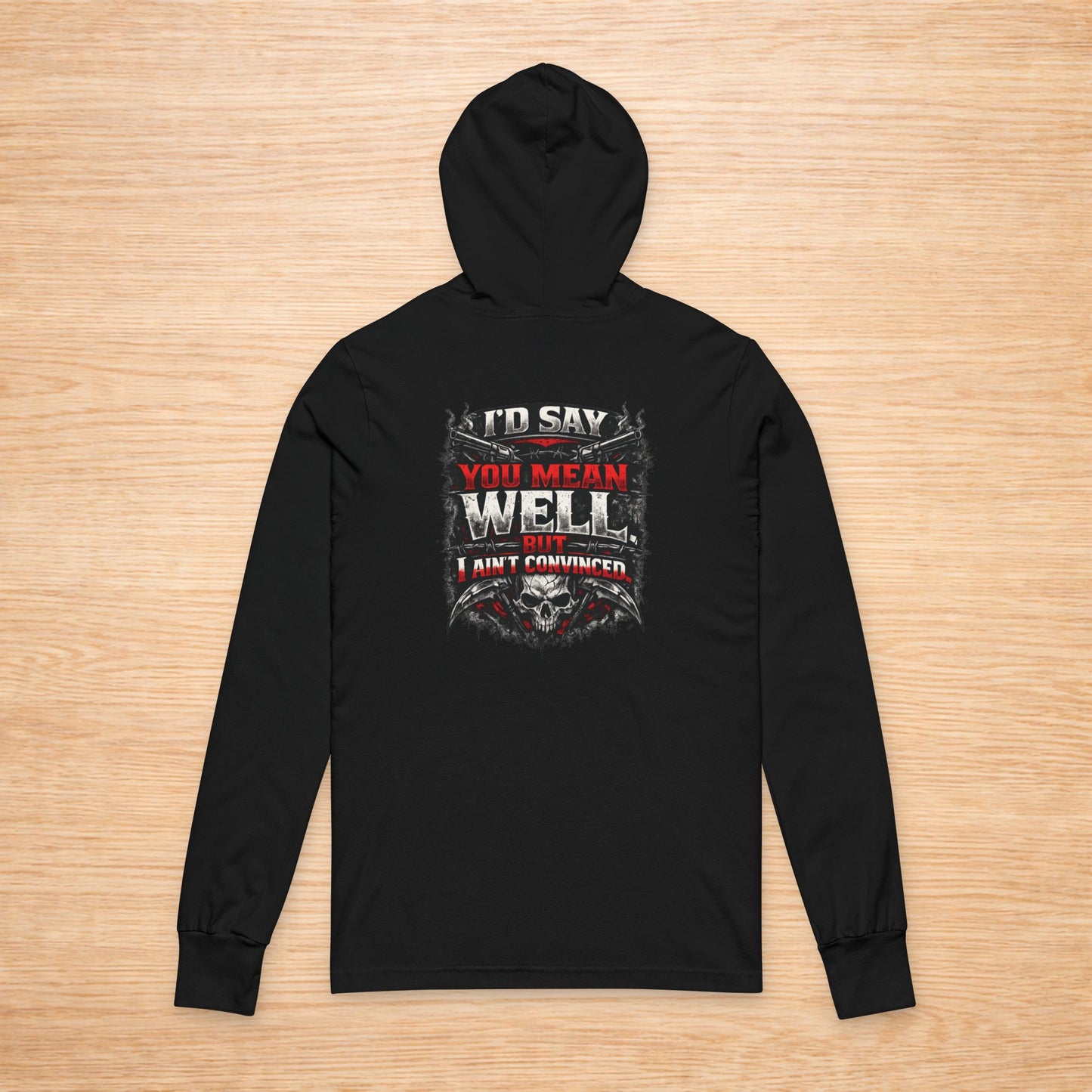 Black hoodie with graphic design on the back on a wooden surface
