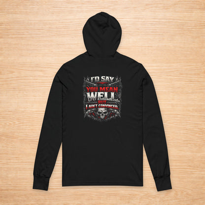 Black hoodie with graphic design on the back on a wooden surface