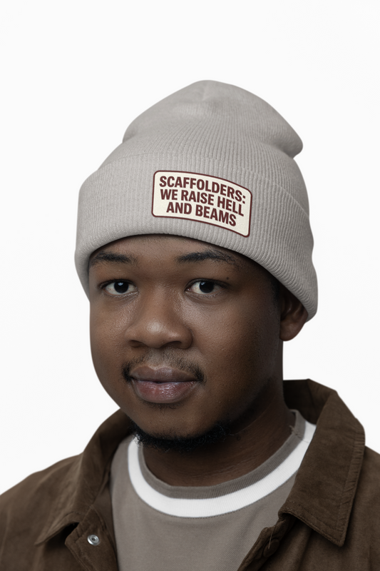'Scaffolders Raise Hell and Beams' Ribbed Knit Embroidered Beanie, Scaffolder Cuffed Knit Toque