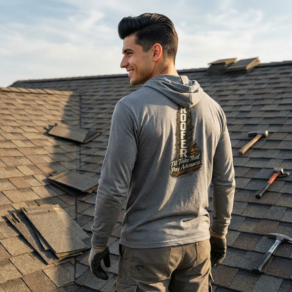 Man on a roof wearing a gray hoodie with 'Roofers' text, tools around