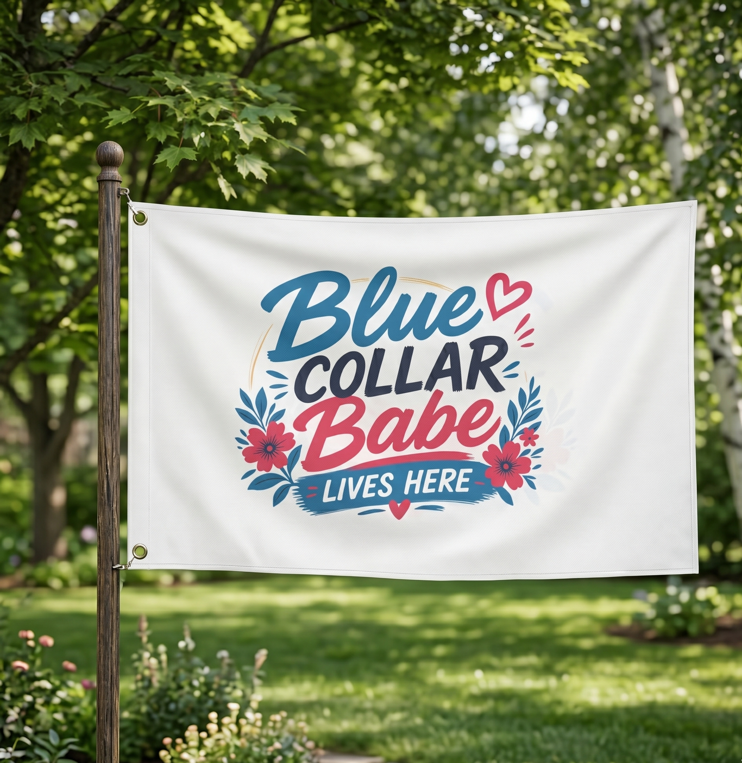 "Blue Collar Babe Lives Here" Double-Sided Flag, Toughneck Trades Pride Banner