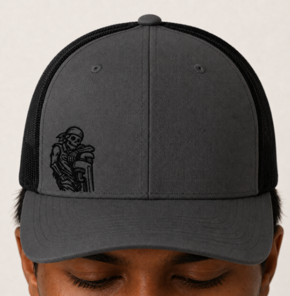 Skeleton Resting On Pipe Wrench Hat, Pipefitter Hat