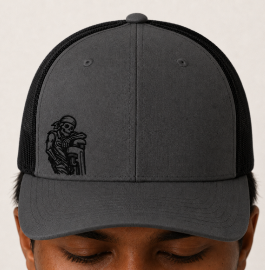 Skeleton Resting On Pipe Wrench Hat, Pipefitter Hat