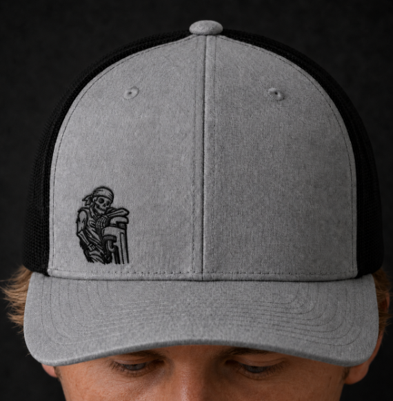 Skeleton Resting On Pipe Wrench Hat, Pipefitter Hat
